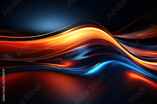 3d render, abstract geometric background illuminated with blue and orange neon light. Glowing wavy line. Futuristic minimal wallpaper.