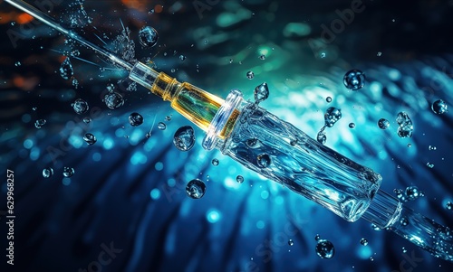 Medicine, needle, syringe, medicine, medical concept, flu vaccine, vial, dose, hypodermic injection, treatment, care, hospital, prevention, immunization, illness, sickness, blue background