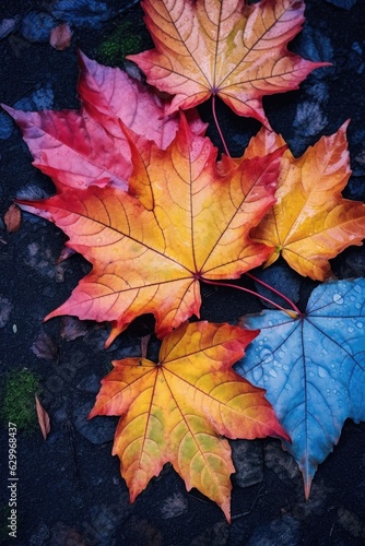 close-up of colorful maple leaves on the ground
