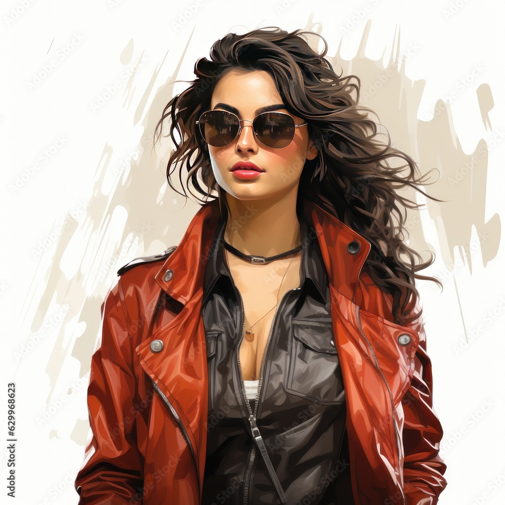 Clipart, Illustration Girl in a Chic Leather Jacket Clipart, Illustration Girl in a Chic Leather Jacket