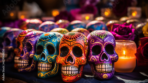 Sugar skulls on a grave with candles at night on the Day of the Dead holiday celebration