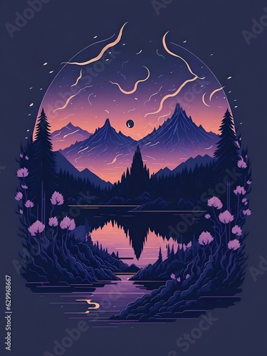 Fantasy lake landscape. AI genrated illustration