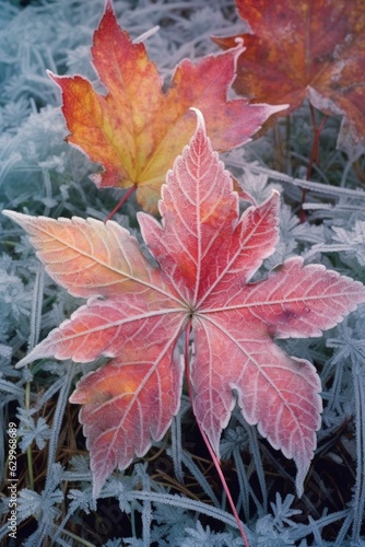 morning frost on colorful maple leaves and grass