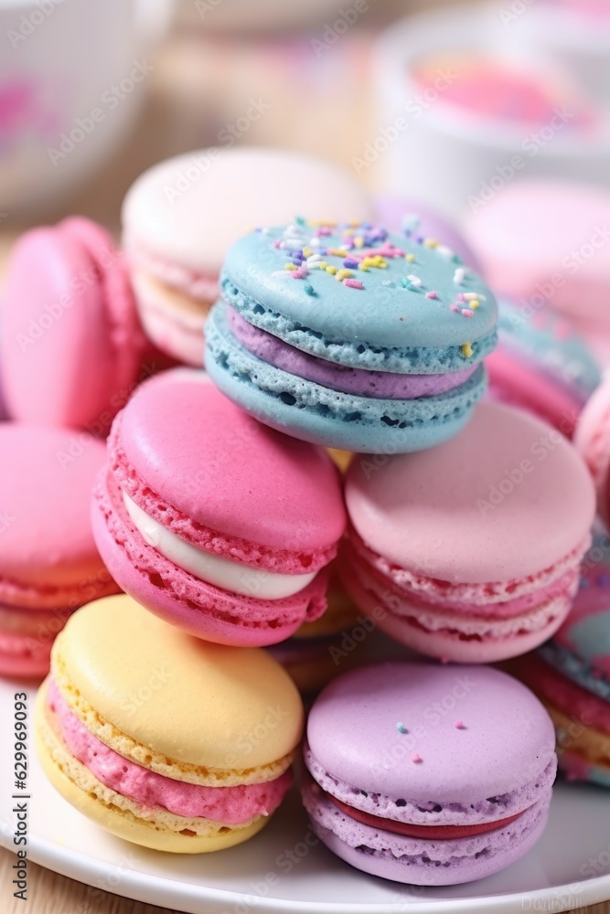 close-up of colorful macarons on a white plate close-up of colorful macarons on a white plate