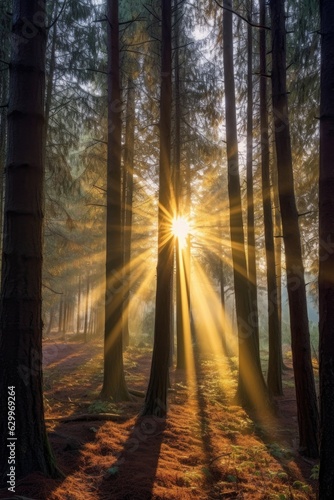 sunbeams shining through tall trees at sunrise