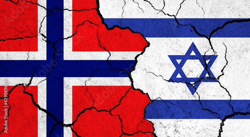 Flags of Norway and Israel on cracked surface - politics, relationship concept