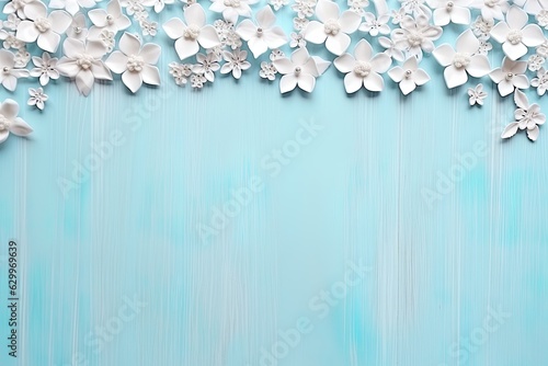 Wooden board background with flowers and blank space for adding image, logo or design. Generative Ai