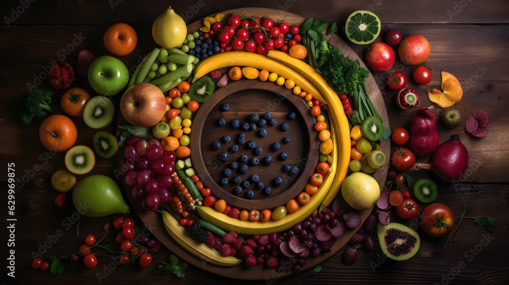 Fresh fruits and vegetables arranged in a rainbow pattern generative AI