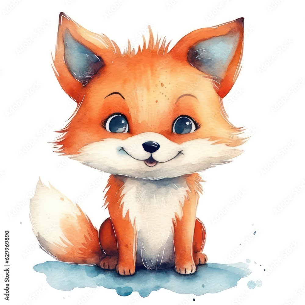 Obraz premium Watercolor Clipart Cute Cartoon Fox