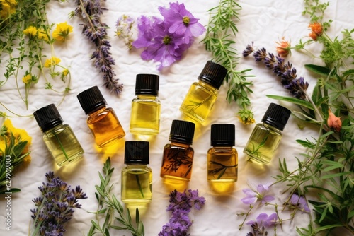 top view of essential oil bottles with fresh herbs and petals