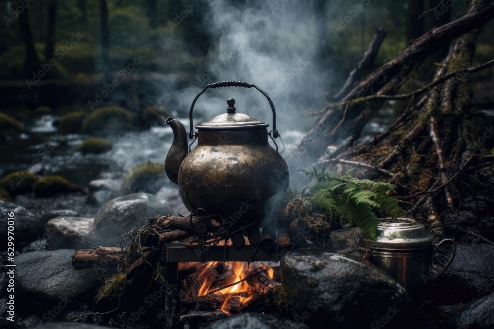 boiling water in a rustic kettle over campfire boiling water in a rustic kettle over campfire