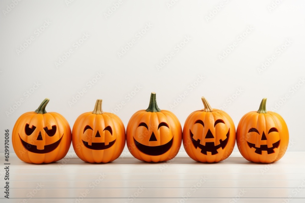 Pumpkins with different emotions. Halloween concept. Background with selective focus and copy space Pumpkins with different emotions. Halloween concept. Background with selective focus and copy space