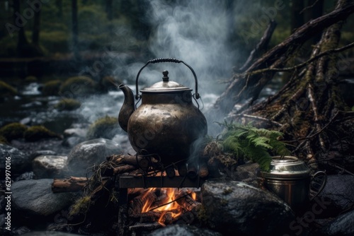 boiling water in a rustic kettle over campfire