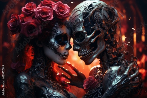 Zombie Skeleton Wedding. Halloween concept. Background with selective focus and copy space