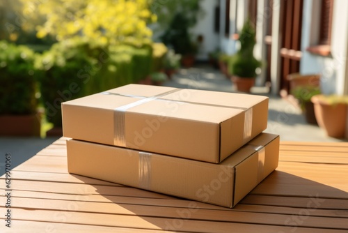 Box with goods. Delivery of online order online store. Background with selective focus and copy space
