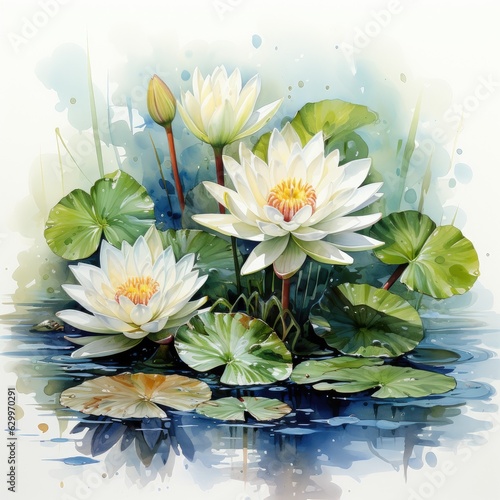 Watercolor Clipart on White Background Lily Pad with White Water Lotus Flower