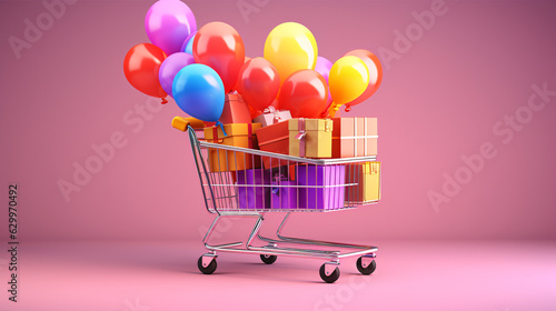 3d Illustration Shopping Trolley with Parcel boxes, Shopping Online Concept. Happy Birthday.