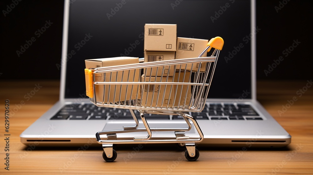 .Trolley boxes atop a laptop keyboard. Insights on e-commerce, a mode of digital trade enabling customers to purchase goods directly from online sellers over the internet.