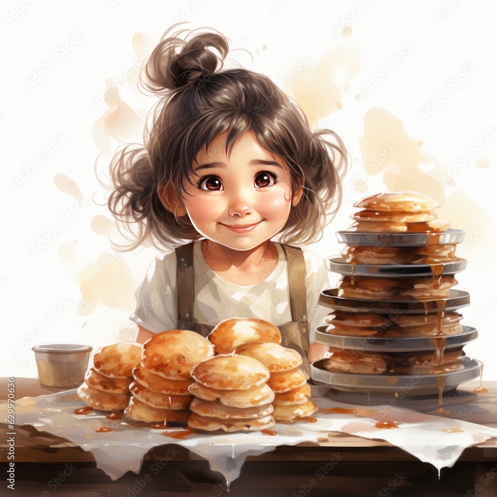 Φωτογραφία Watercolor Clipart on White Background Cartoon Girl Flipping Pancakes