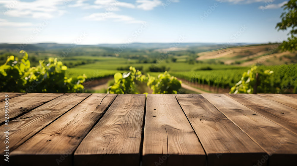 A rustic wooden table overlooks a lush vineyard with rolling hills in the distance, symbolizing rural beauty, nature, and the agricultural lifestyle. Perfect for themes outdoor dining. A rustic wooden table overlooks a lush vineyard with rolling hills in the distance, symbolizing rural beauty, nature, and the agricultural lifestyle. Perfect for themes outdoor dining.
