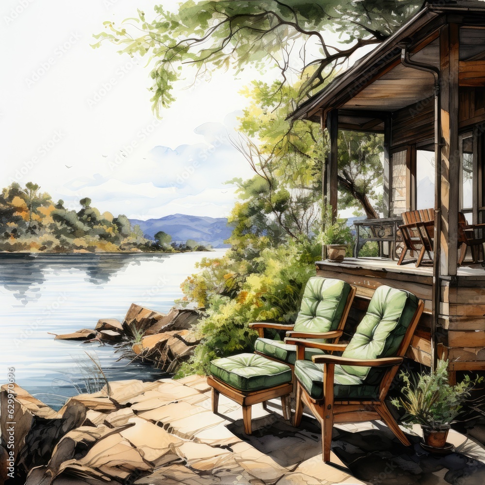 Watercolor Clipart on White Background Cozy Sitting Area by the Lake