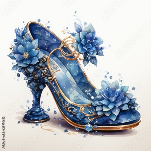 Watercolor Clipart on White Background Cartoon Cinderellas Glass Slipper