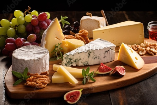 variety of freshly made artisanal cheese on wooden board