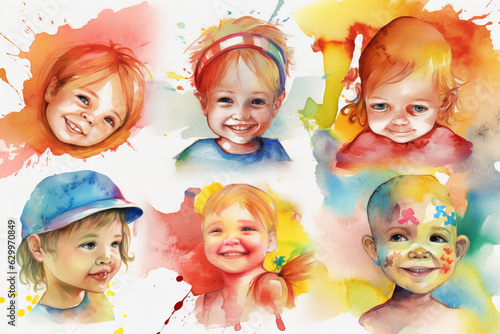 Children's drawings of children painted with paints. Generative AI.