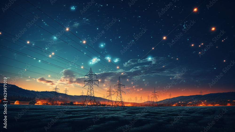 Electricity transmission towers with  wires stand tall against the backdrop of the starry night sky, showcasing the captivating essence of energy infrastructure.