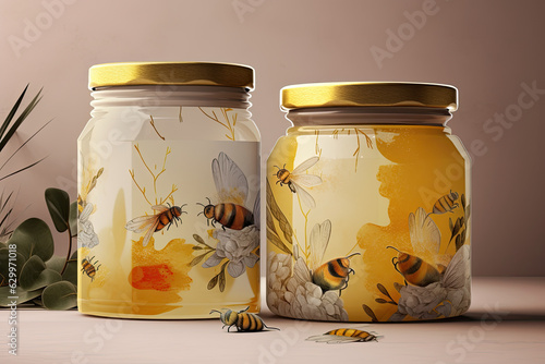 Two jars of honey. Generative AI. photo