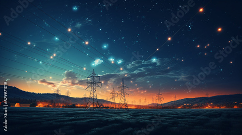 Electricity transmission towers with  wires stand tall against the backdrop of the starry night sky, showcasing the captivating essence of energy infrastructure. © ckybe