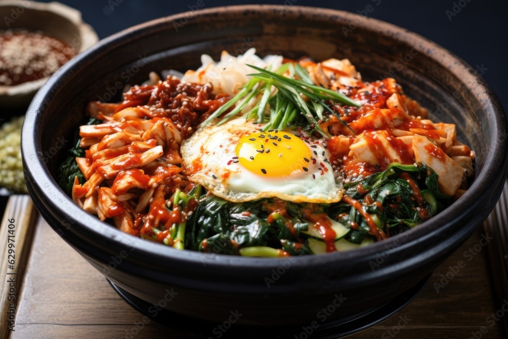 korean bibimbap in a hot stone bowl with kimchi korean bibimbap in a hot stone bowl with kimchi