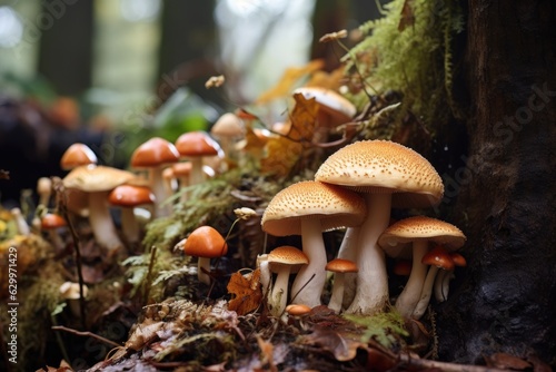 close-up of edible mushrooms in a forest
