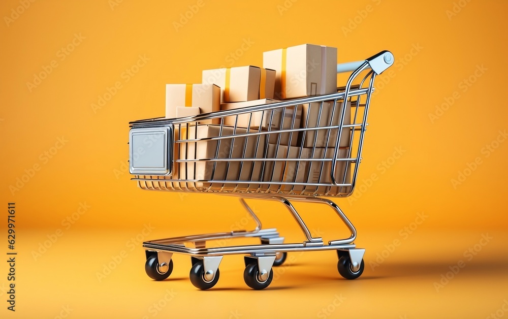 Cargo Cart Photo of Trolley with Paper Boxes in Industrial Setting. Generative Ai