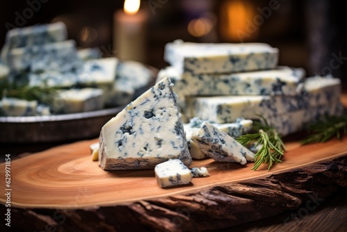 close-up of blue cheese slices on cedar plank