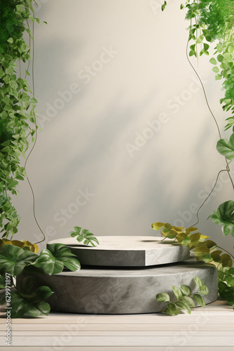 Green leaves and stone slabs product display, white podium and platforms, 3d