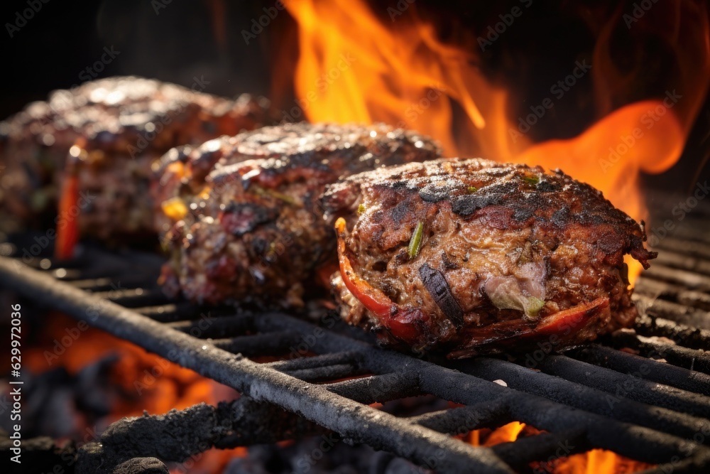 close-up of kangaroo burger patties on flaming grill