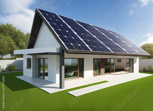 Modern house with solar panels on the roof, generative ai. Alternative electricity source. Renevable energy green power