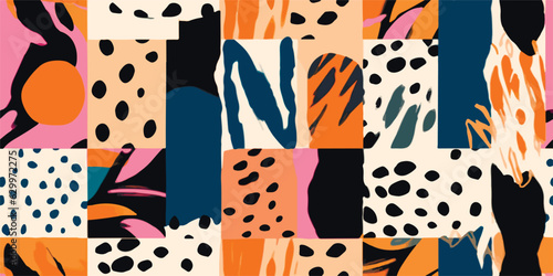 Hand drawn trendy geometric abstract print with leopard skin. Colorful modern collage pattern