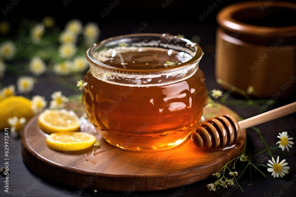 close-up of chamomile tea with honey and lemon close-up of chamomile tea with honey and lemon