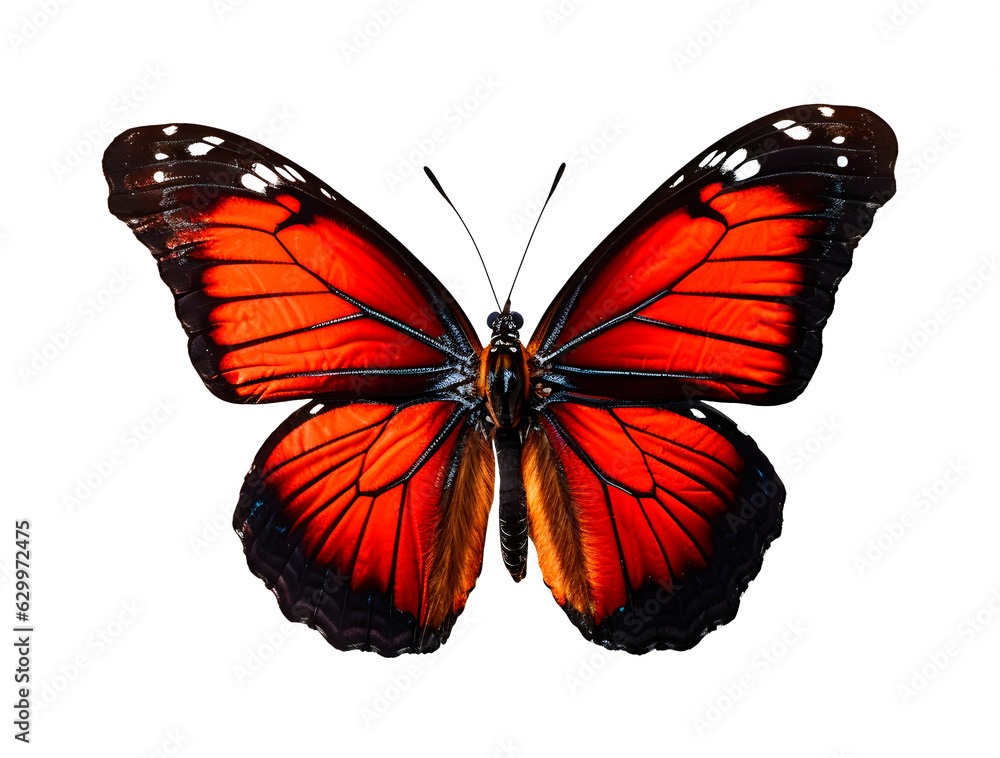 Butterfly close-up on white background, top view, realistic illustration, generative ai Butterfly close-up on white background, top view, realistic illustration, generative ai
