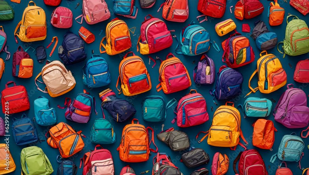 Fototapeta premium A pattern of school colourful backpacks. Top view. Generative AI