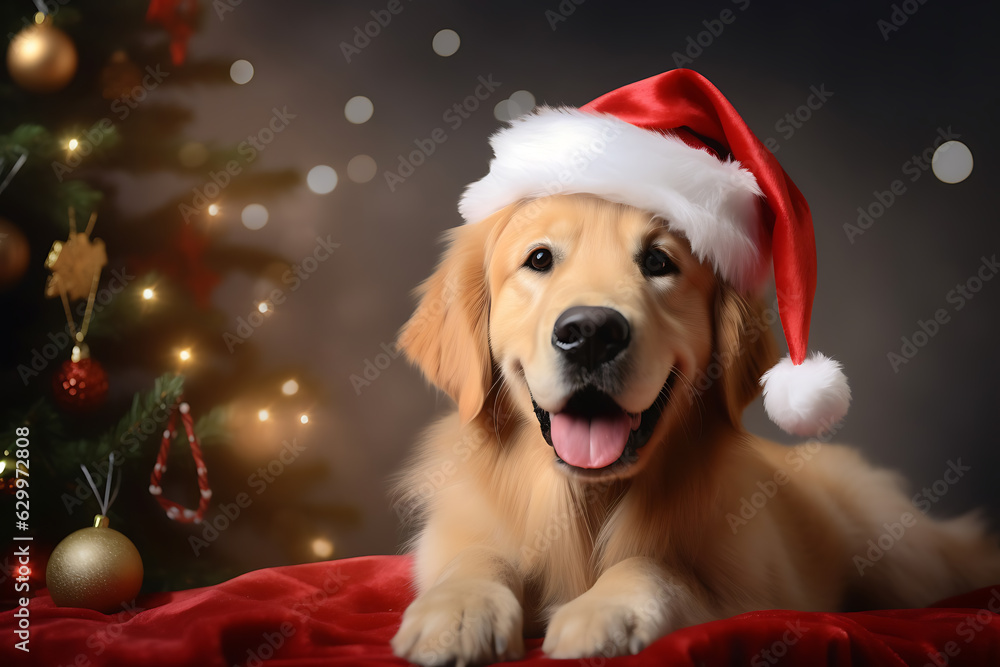 cute Golden retriever in santa claus hat smiling with Christmas tree background cute Golden retriever in santa claus hat smiling with Christmas tree background