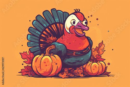 Thanksgiving pattern featuring turkeys, pumpkins and leafs, in the style of colorful photo