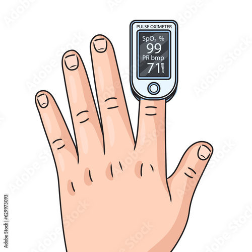 Pulse oximeter probe on finger diagram schematic vector illustration. Medical science educational illustration