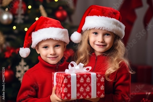 siblings sharing christmas gift in red outfit 