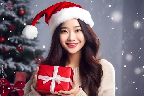 a cute asian girl wearing a christmas hat holding a red gift box standing next to the Christmas Tree Generative AI