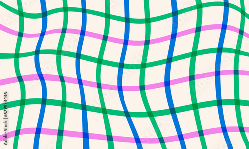Naive checkered abstract background in doodle style. Trippy psychedelic groovy backdrop. Colorful wavy plaid fabric ornament. Minimalistic trendy striped pattern in vivid colors