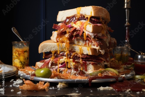 a messy, overflowing sandwich with sauce dripping