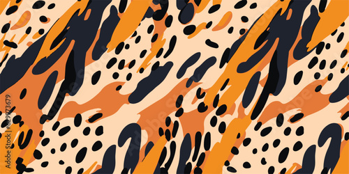 Modern striped shapes with leopard print seamless pattern. Hand drawn trendy abstract print. Creative collage seamless pattern